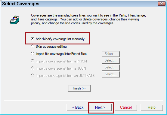 The Select Coverages window.