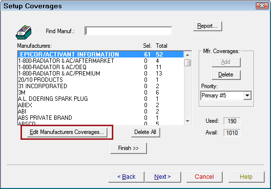 The Setup Coverages window.