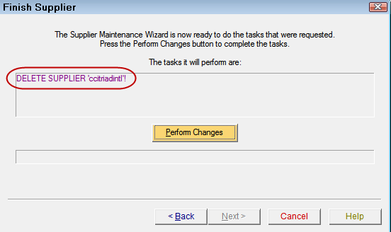 The Finish Supplier window displaying delete supplier in the top half of the window.