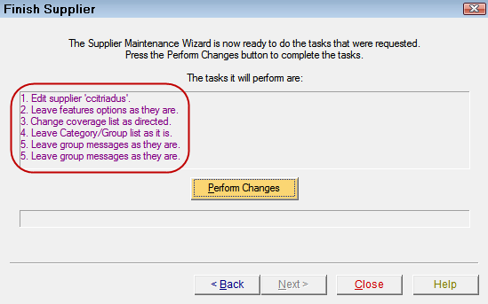 the Finish Supplier window showing the edits in the top half of the window.