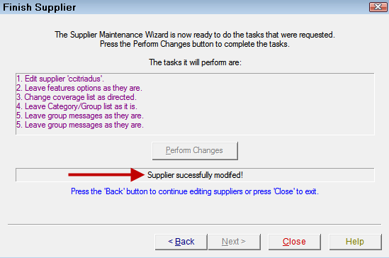the Finish Supplier window showing the supplier successfully modified in the bottom half of the window.
