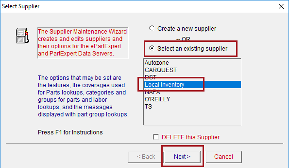 The local inventory coverage selected as the existing supplier. 