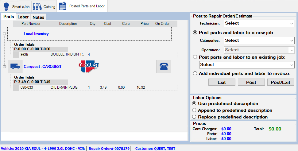The posted parts and labor tab.