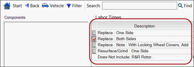 Descriptions displaying for labor times.