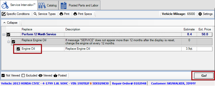 a catalog part in a service on the Service Intervals tab.