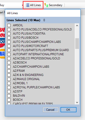 The All Lines window opened from the All Lines button in the toolbar.