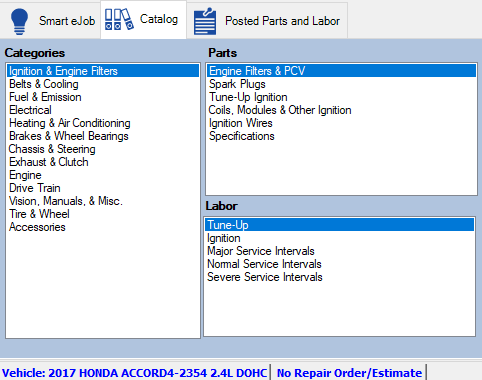 The categories columns with the selected vehicle in the status bar.