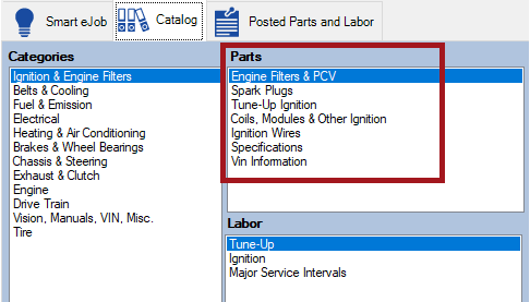 The Parts section circled.
