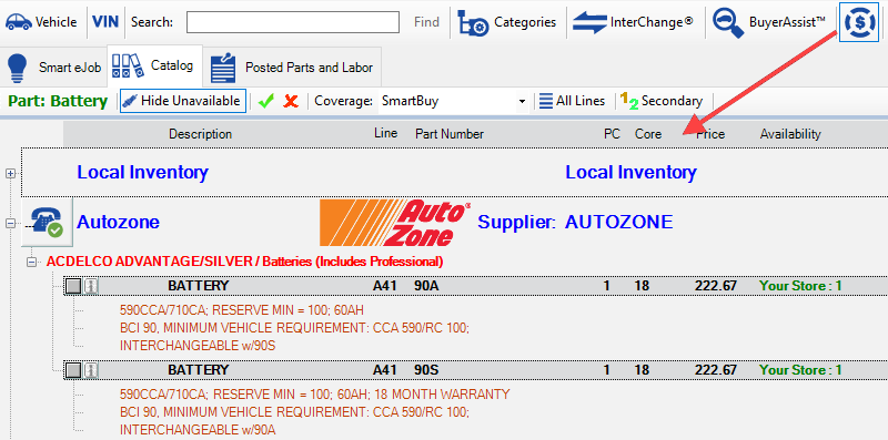 Search results with a border around the cost icon and the Cost column not displayed.