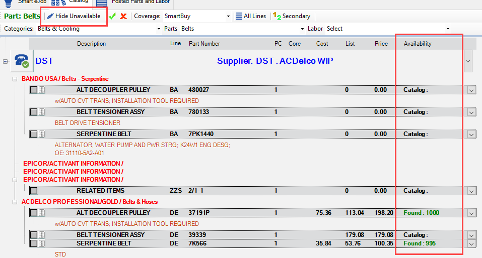 Search results including parts with no availability.