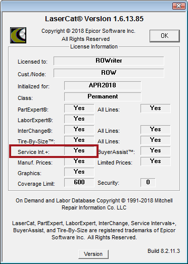 Service Intervals set to Yes on the Lasercat license window.