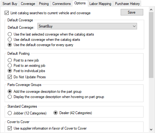 The top half of the Options tab.