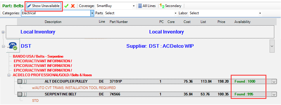 Search results showing only parts that are available.