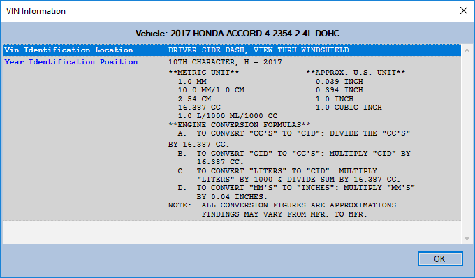 The VIN Information window from Epicor.