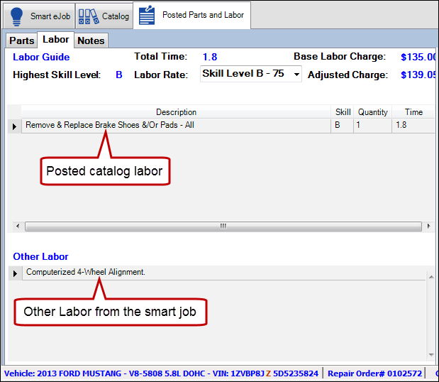 The Labor tab showing posted catalog labor and other labor from the smart job.