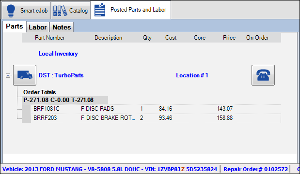 The Parts tab showing the catalog parts transferred or posted to the Posted Parts and Labor tab. 