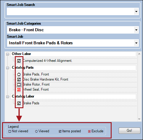 A smart ejob showing different indicators on each line all circled and pointing to the legend at the bottom of the window.