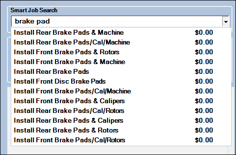 The smart ejob search field with criteria entered and a dropdown list of results.