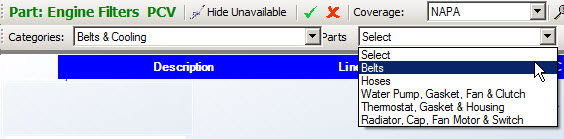 the Parts dropdown list expanded