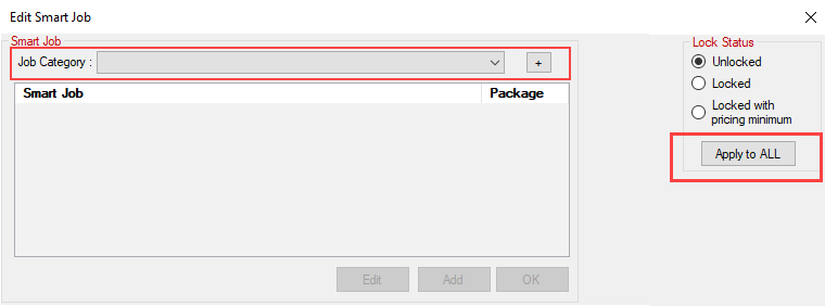 The Edit Smart Jobs window with no job category selected and the Apply to All button circled.