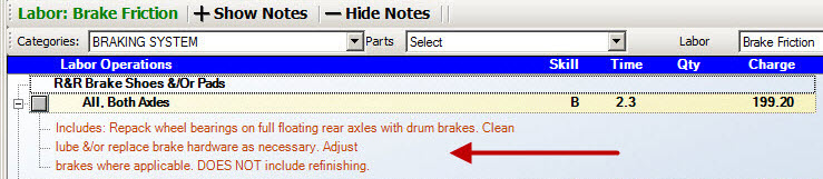 Catalog labor search results showing notes.
