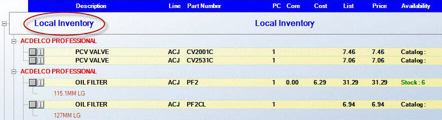 The Local Inventory results at the top of the window.