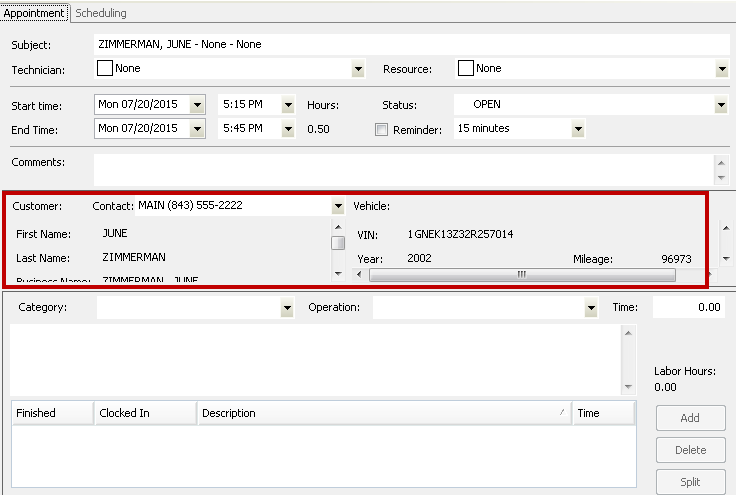The new appointment window with the customer and vehicle information already entered.