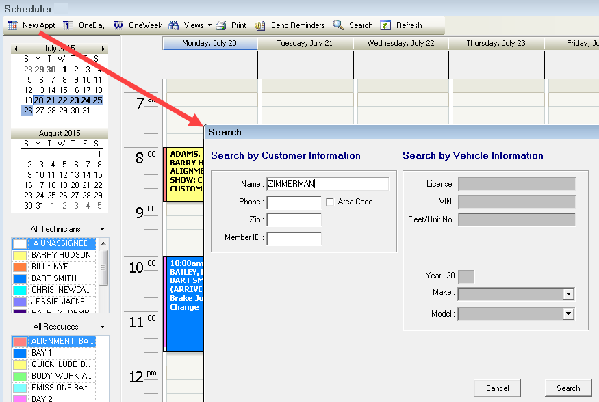 The search window with only the customer section active.