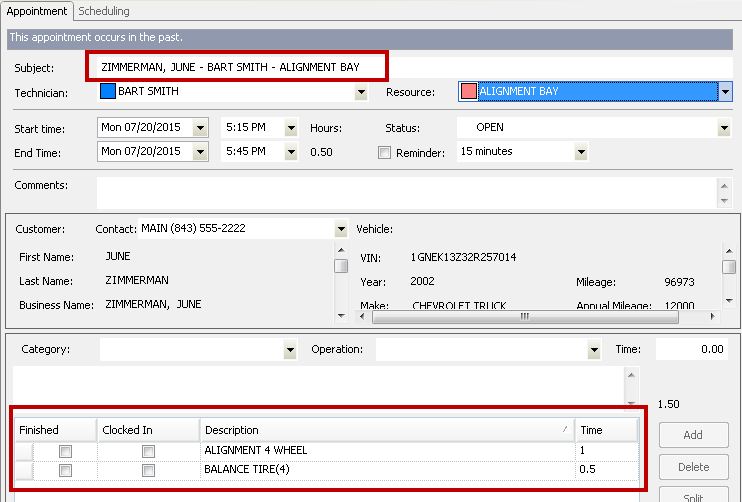 The appointment window showing a labor that has been split between two technicians.