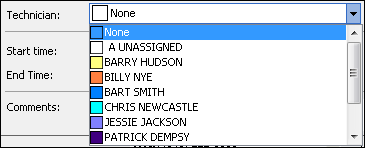 The Technician dropdown list expanded showing the technicians.