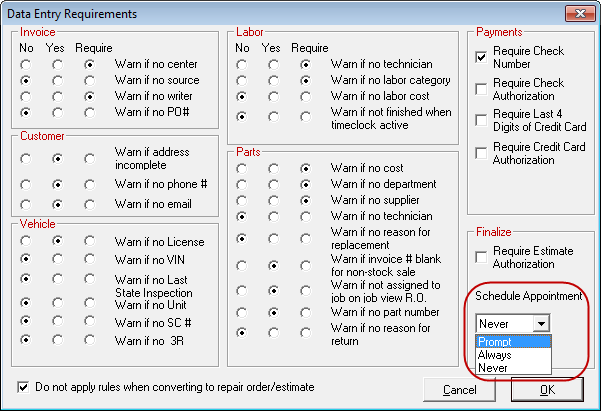 The required entries window with the Schedule Appointment dropdown list expanded and circled.