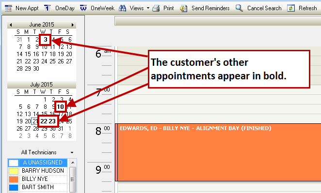 The current appointment for the customer with the other appointments bolded in the calendar months in the left column.