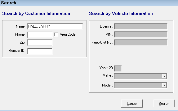 The search window with customer information entered.