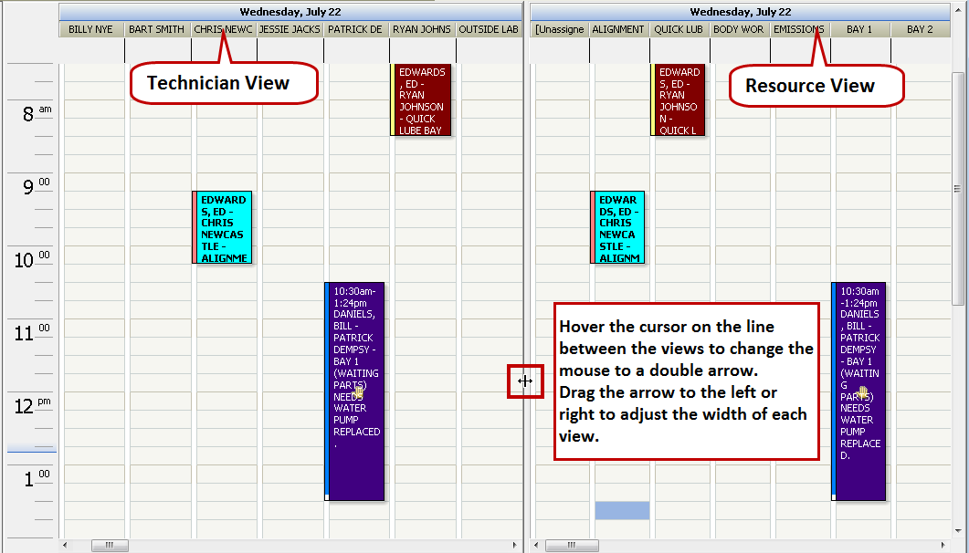 the Technician/Resource view for one week.