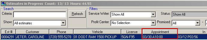The date and time of the appointment appears in the Appointment column.