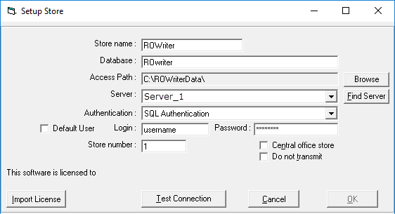 The Setup Stores button showing database connection information.