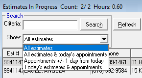 The Search area of the Estimates in Progress window.