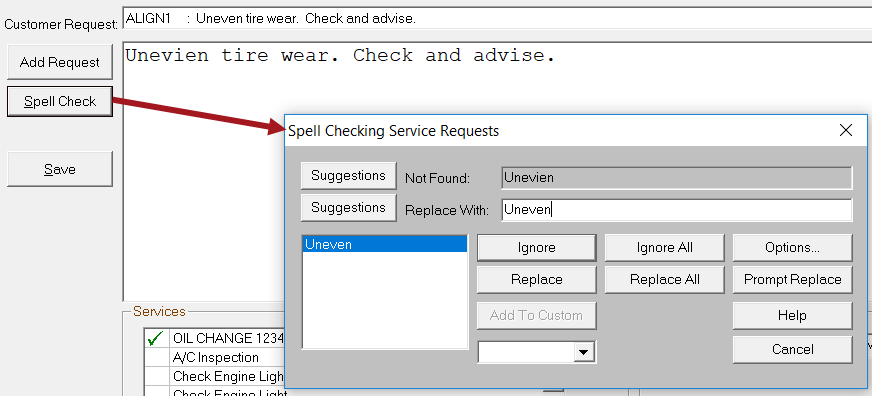 The spell check popup window over the Customer Request area in 2.4