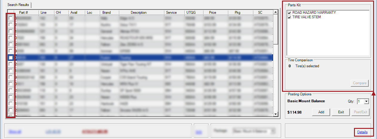 The Parts Kit and Tire Comparison sections that appear in the right column after the Options link is clicked.