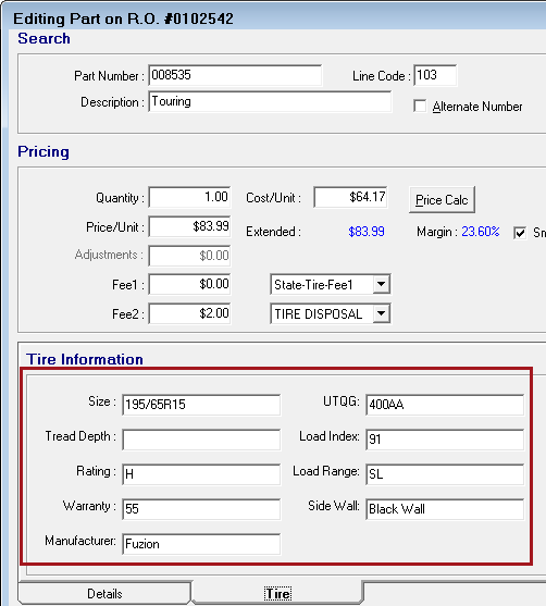 The Tire Information tab of the Edit Parts window with the specifications circled.