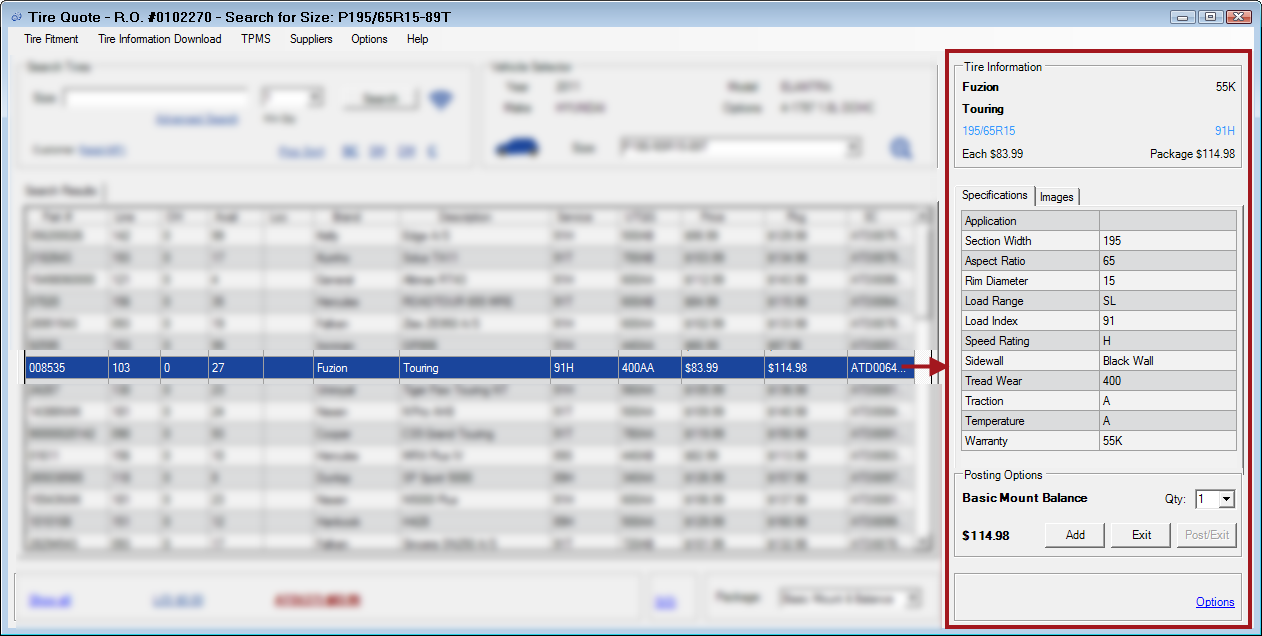 The Tire Quote window with search results and the right column circled.