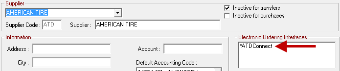 ATD in the Electronic Ordering Interface section of the Suppliers window.