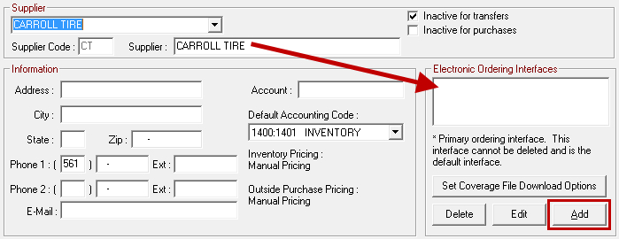 the Add button circled in the Electronic Ordering Interfaces section.