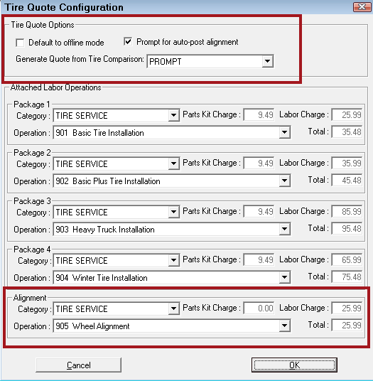 The Other Tire Quote options circled on the Tire Quote Configuration window.