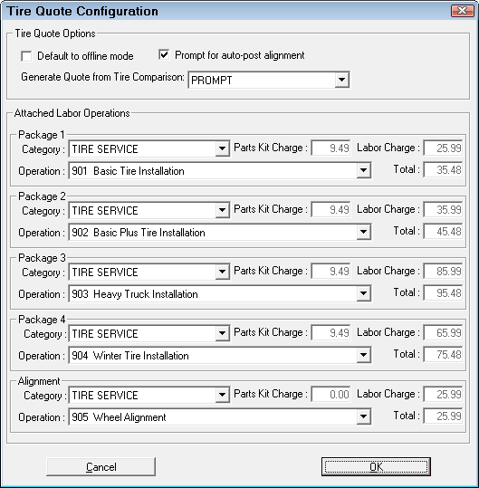 The Tire Quote Configuration window.