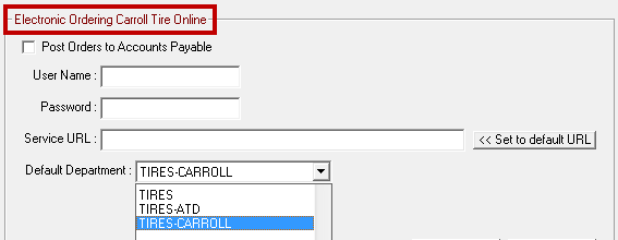 Carroll Tire selected on the Electronic Ordering Interfaces window.