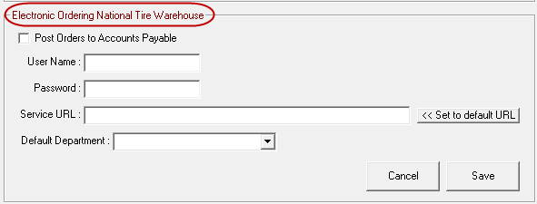 National Tire Warehouse selected on the Electronic Ordering Interface window.