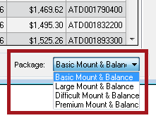 the Packages dropdown list in Tire Quote.