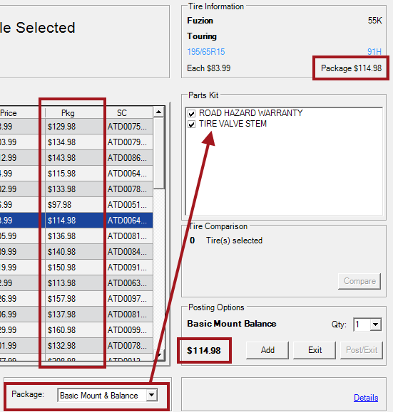 The Parts Kit section for the selected package.