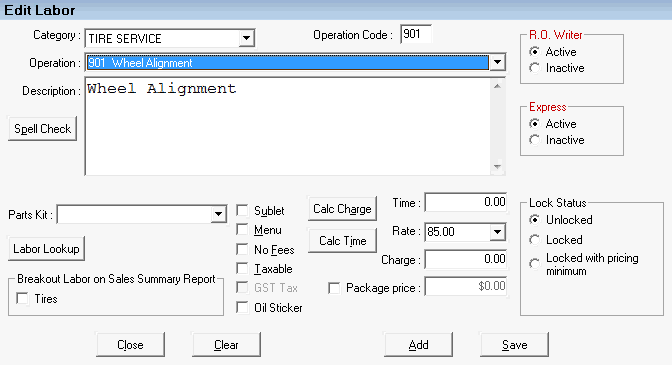 The labor operation for wheel alignment.